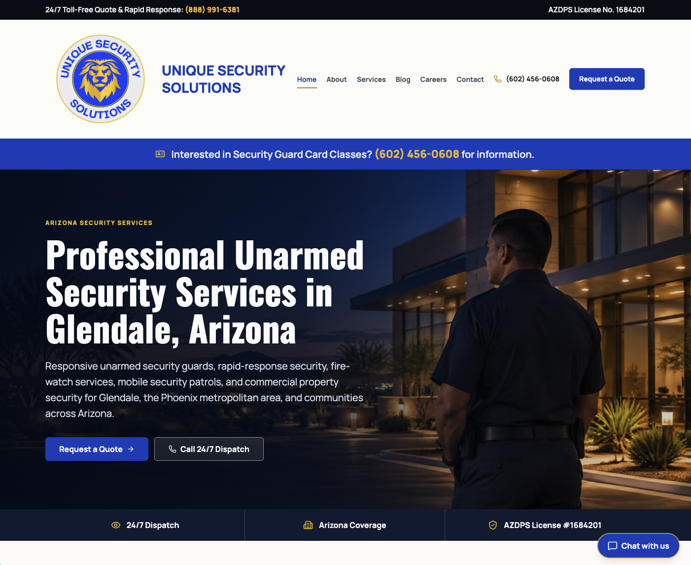Unique Security Solutions website homepage designed by Smart 360 Solutions